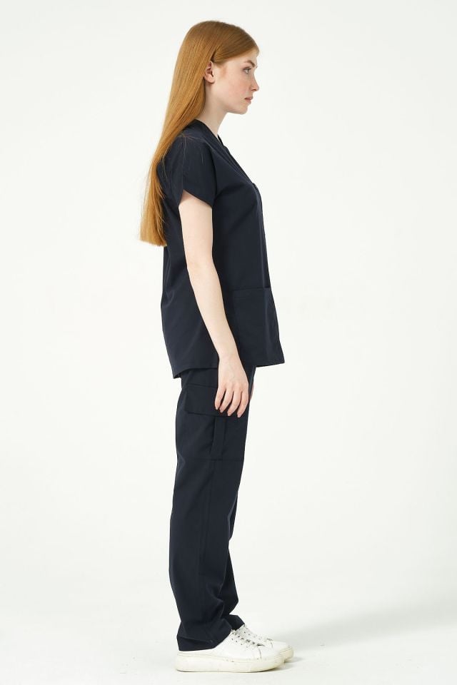 Lacivert Likralı Scrubs Kargo Cep Doktor Hemşire Forması Yarasa Kol Takım Unisex