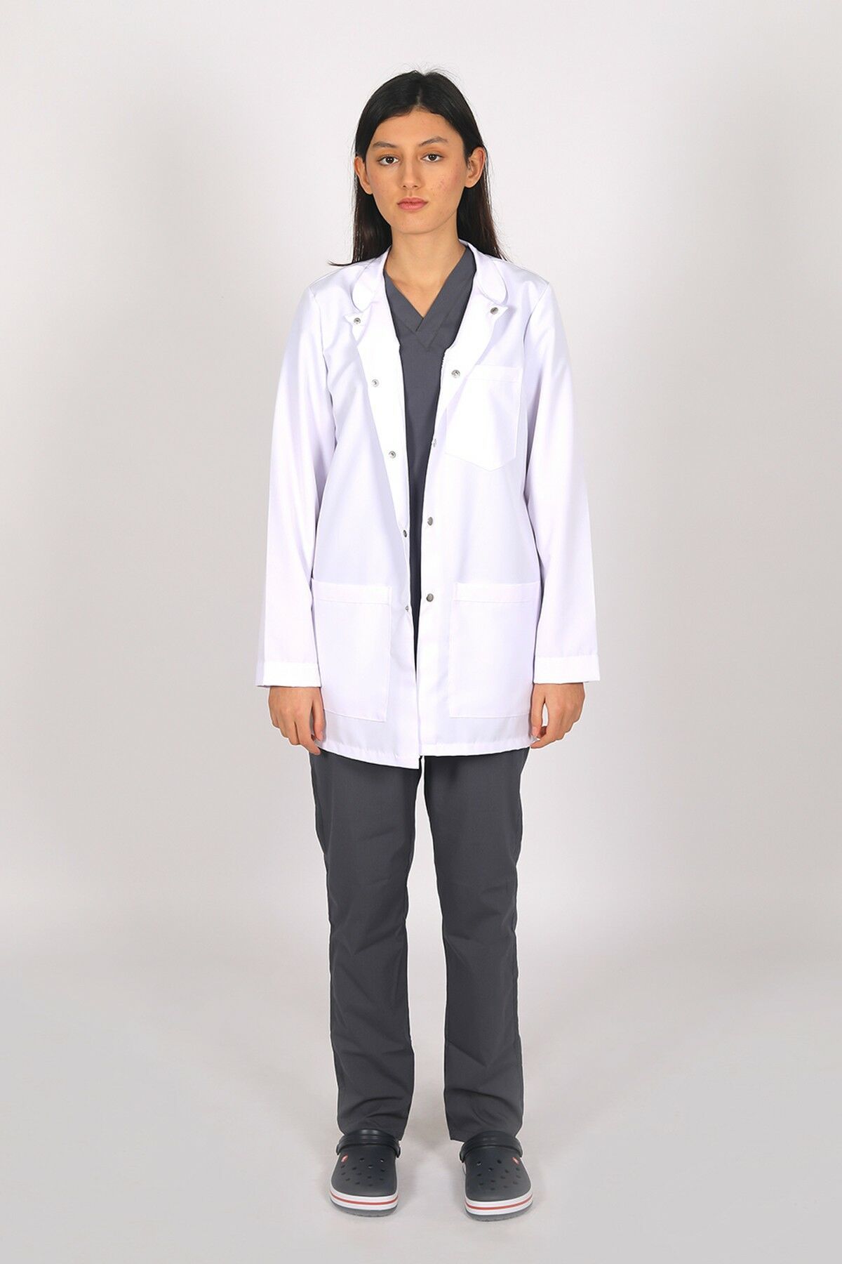 Beyaz Doktor Öğretmen Öğrenci Laboratuvar Önlüğü Uzun Kol Hakim Yaka Kadın M