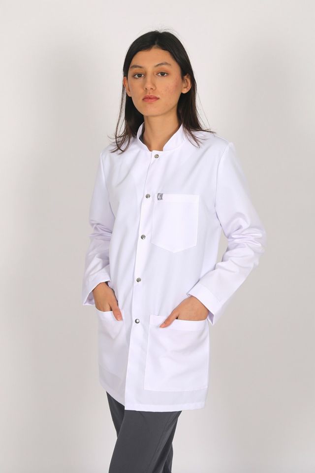Beyaz Doktor Öğretmen Öğrenci Laboratuvar Önlüğü Uzun Kol Hakim Yaka Kadın M