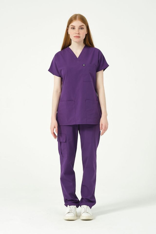 Mor Likralı Scrubs Kargo Cep Doktor Hemşire Forması Yarasa Kol Takım Unisex