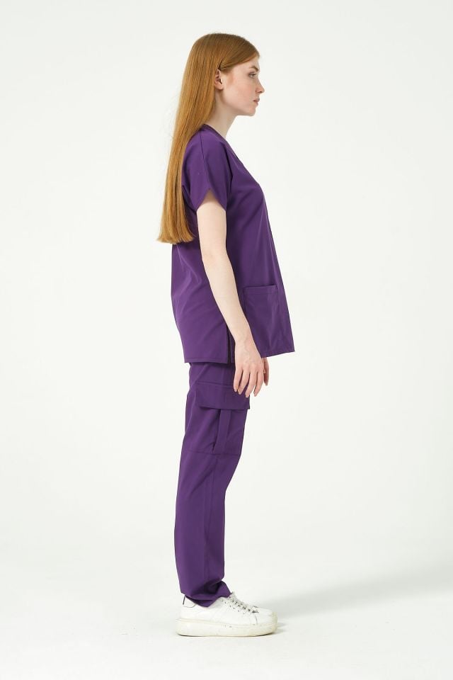 Mor Likralı Scrubs Kargo Cep Doktor Hemşire Forması Yarasa Kol Takım Unisex