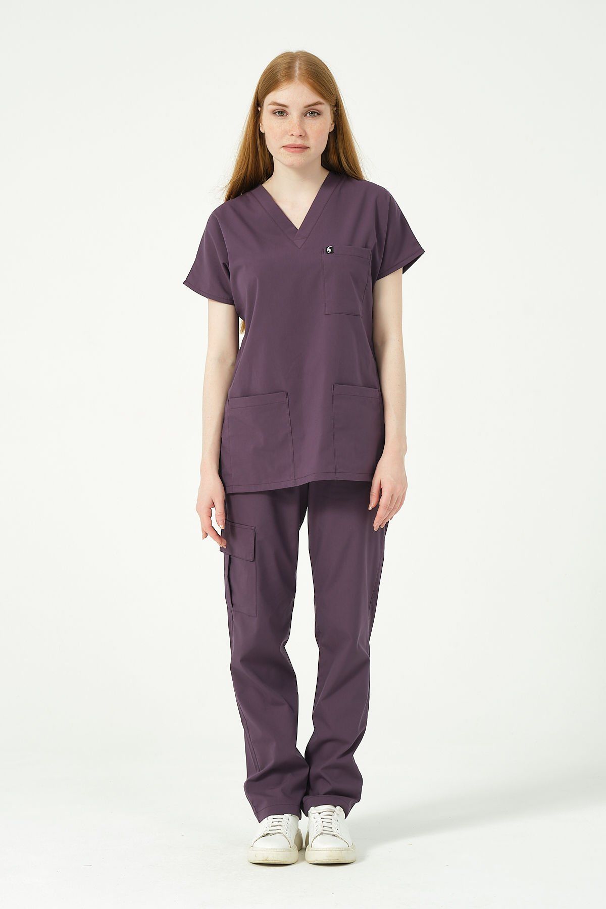 Mürdüm Likralı Scrubs Kargo Cep Doktor Hemşire Forması Yarasa Kol Takım Unisex