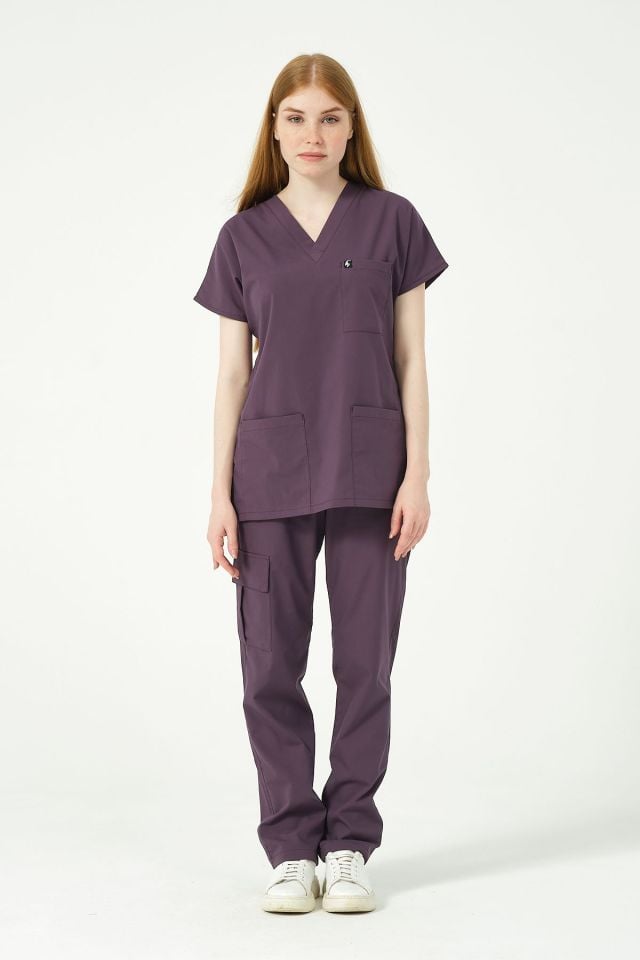 Mürdüm Likralı Scrubs Kargo Cep Doktor Hemşire Forması Yarasa Kol Takım Unisex