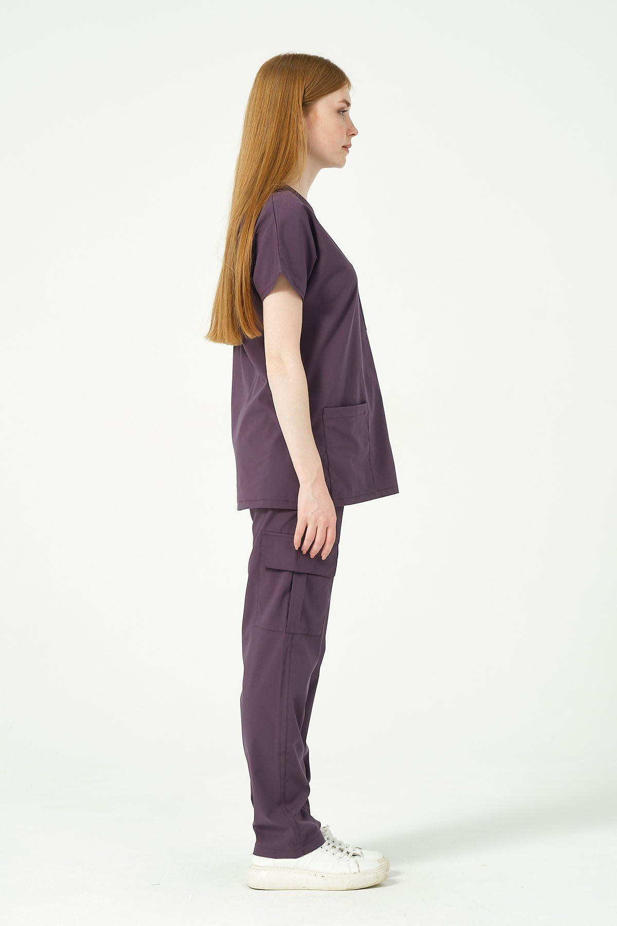 Mürdüm Likralı Scrubs Kargo Cep Doktor Hemşire Forması Yarasa Kol Takım Unisex