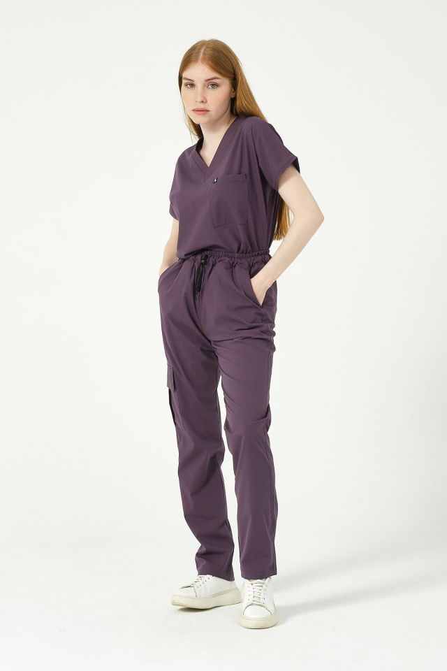 Mürdüm Likralı Scrubs Kargo Cep Doktor Hemşire Forması Yarasa Kol Takım Unisex