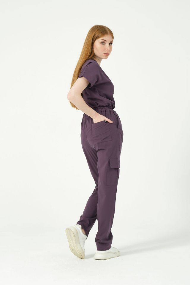 Mürdüm Likralı Scrubs Kargo Cep Doktor Hemşire Forması Yarasa Kol Takım Unisex