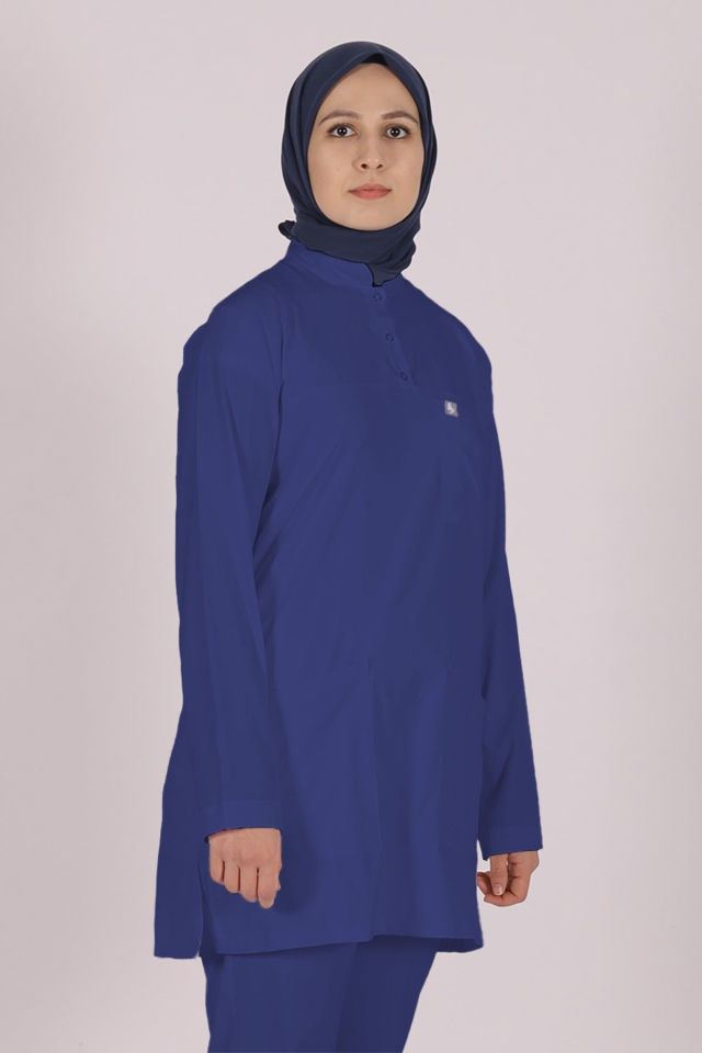 Fırtına Mavi Likralı Tesettür Scrubs Doktor Hemşire Forması Tek Üst XS