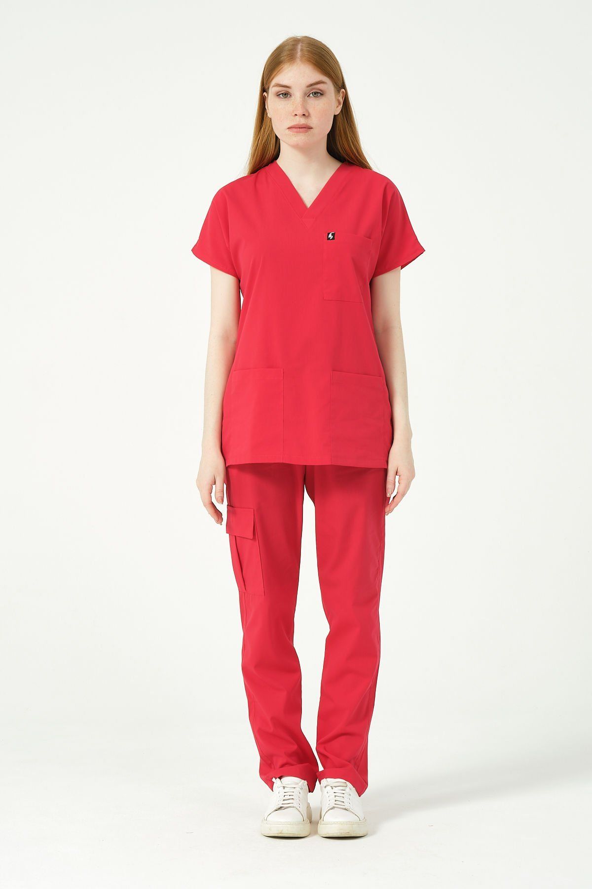 Nar Çiçeği Likralı Scrubs Kargo Cep Doktor Hemşire Forması Yarasa Kol Takım Unisex