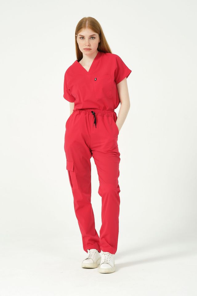 Nar Çiçeği Likralı Scrubs Kargo Cep Doktor Hemşire Forması Yarasa Kol Takım Unisex