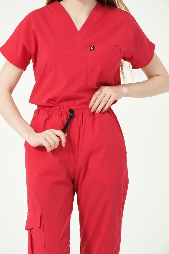 Nar Çiçeği Likralı Scrubs Kargo Cep Doktor Hemşire Forması Yarasa Kol Takım Unisex
