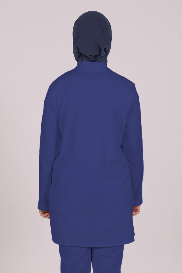 Fırtına Mavi Likralı Tesettür Scrubs Doktor Hemşire Forması Tek Üst S