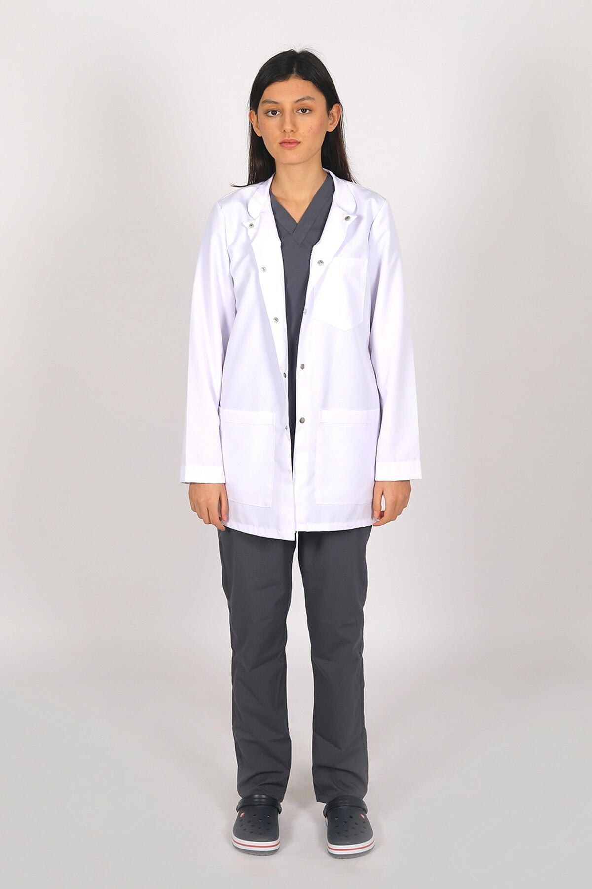 Beyaz Doktor Öğretmen Öğrenci Laboratuvar Önlüğü Uzun Kol Hakim Yaka Kadın XS