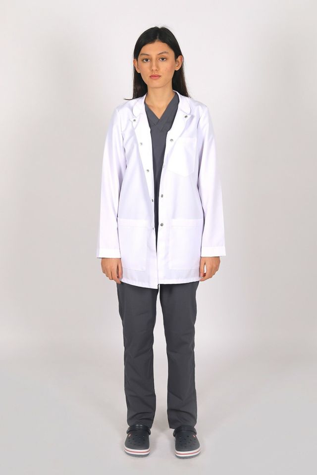 Beyaz Doktor Öğretmen Öğrenci Laboratuvar Önlüğü Uzun Kol Hakim Yaka Kadın XXL