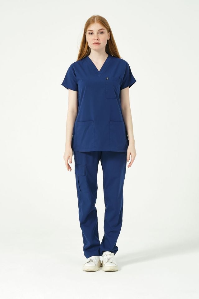 Saks Mavi Likralı Scrubs Kargo Cep Doktor Hemşire Forması Yarasa Kol Takım Unisex M