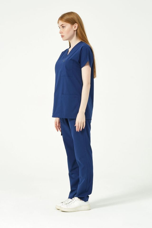 Saks Mavi Likralı Scrubs Kargo Cep Doktor Hemşire Forması Yarasa Kol Takım Unisex M