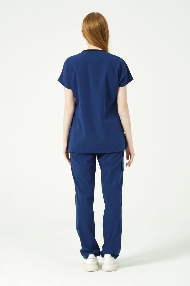 Saks Mavi Likralı Scrubs Kargo Cep Doktor Hemşire Forması Yarasa Kol Takım Unisex M