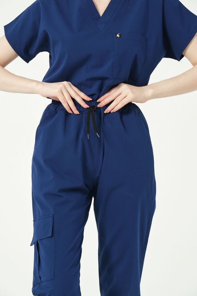 Saks Mavi Likralı Scrubs Kargo Cep Doktor Hemşire Forması Yarasa Kol Takım Unisex