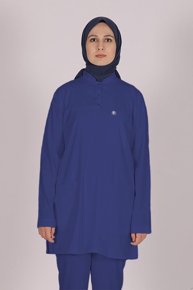 Fırtına Mavi Likralı Tesettür Scrubs Doktor Hemşire Forması Tek Üst XL