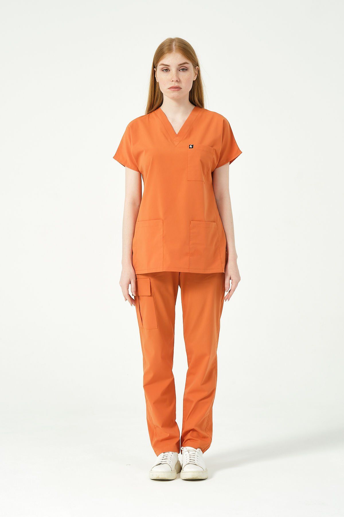 Somon Likralı Scrubs Kargo Cep Doktor Hemşire Forması Yarasa Kol Takım Unisex