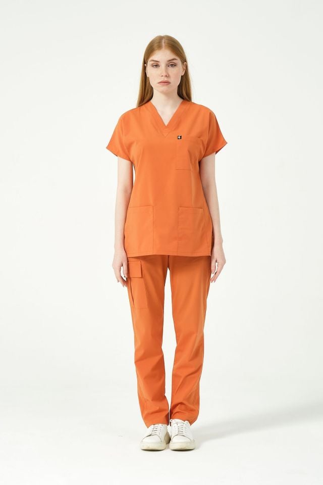 Somon Likralı Scrubs Kargo Cep Doktor Hemşire Forması Yarasa Kol Takım Unisex XS