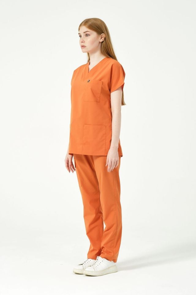 Somon Likralı Scrubs Kargo Cep Doktor Hemşire Forması Yarasa Kol Takım Unisex XS