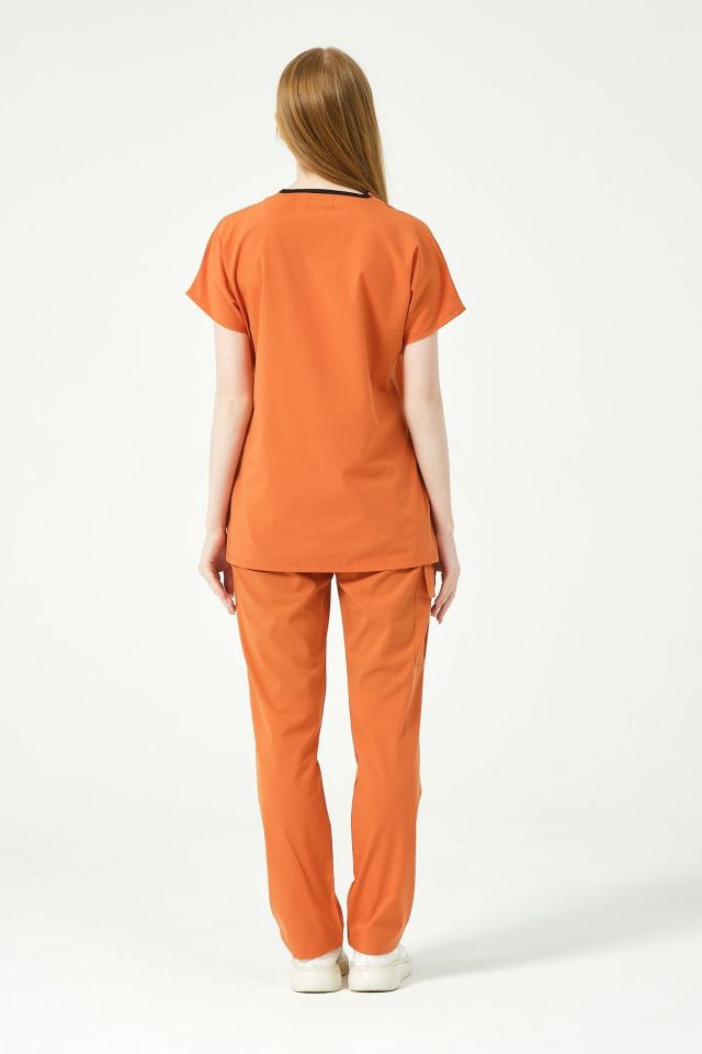 Somon Likralı Scrubs Kargo Cep Doktor Hemşire Forması Yarasa Kol Takım Unisex