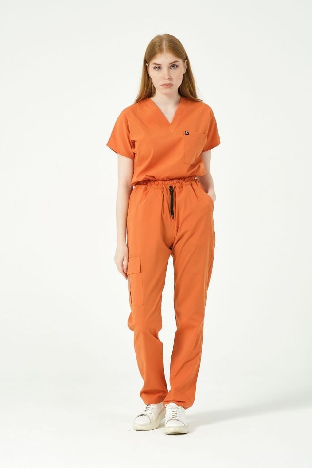 Somon Likralı Scrubs Kargo Cep Doktor Hemşire Forması Yarasa Kol Takım Unisex XS