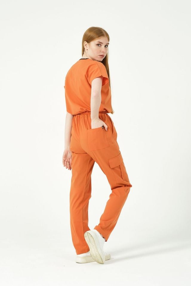 Somon Likralı Scrubs Kargo Cep Doktor Hemşire Forması Yarasa Kol Takım Unisex XS