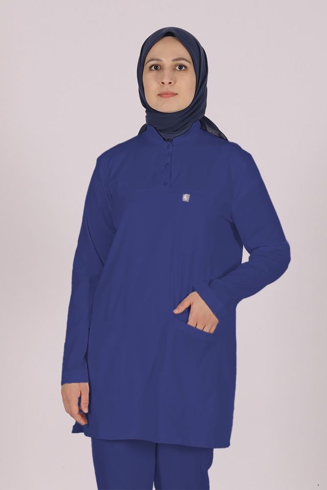 Fırtına Mavi Likralı Tesettür Scrubs Doktor Hemşire Forması Tek Üst 2XL