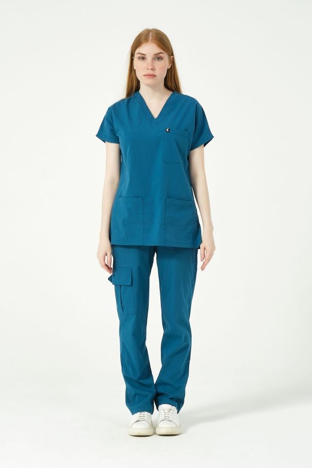 Turkuaz Likralı Scrubs Kargo Cep Doktor Hemşire Forması Yarasa Kol Takım Unisex S