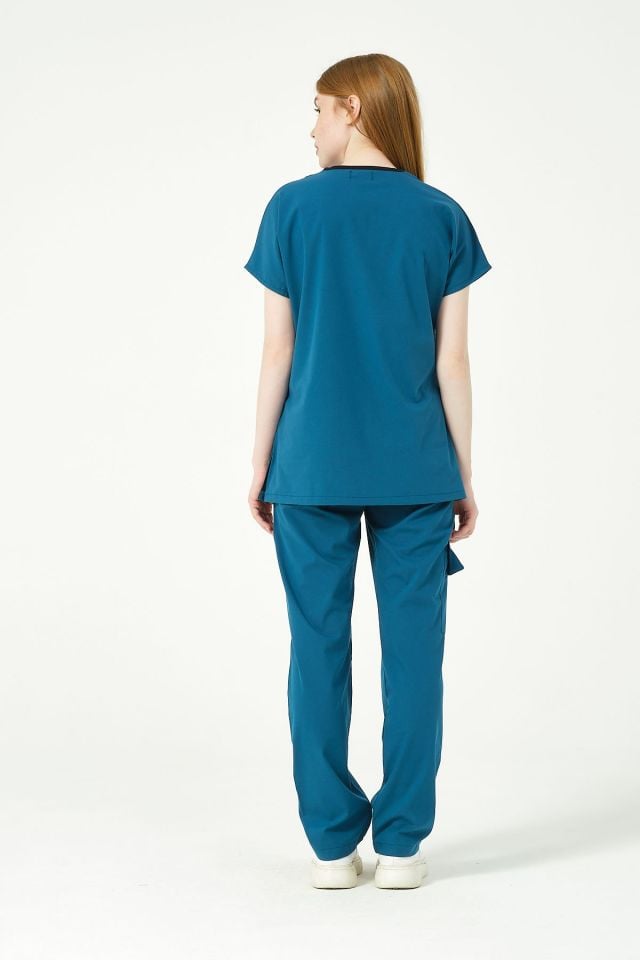Turkuaz Likralı Scrubs Kargo Cep Doktor Hemşire Forması Yarasa Kol Takım Unisex S