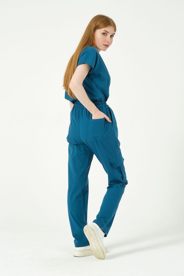 Turkuaz Likralı Scrubs Kargo Cep Doktor Hemşire Forması Yarasa Kol Takım Unisex S