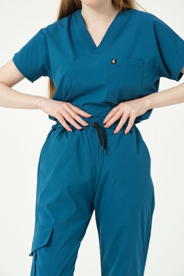 Turkuaz Likralı Scrubs Kargo Cep Doktor Hemşire Forması Yarasa Kol Takım Unisex