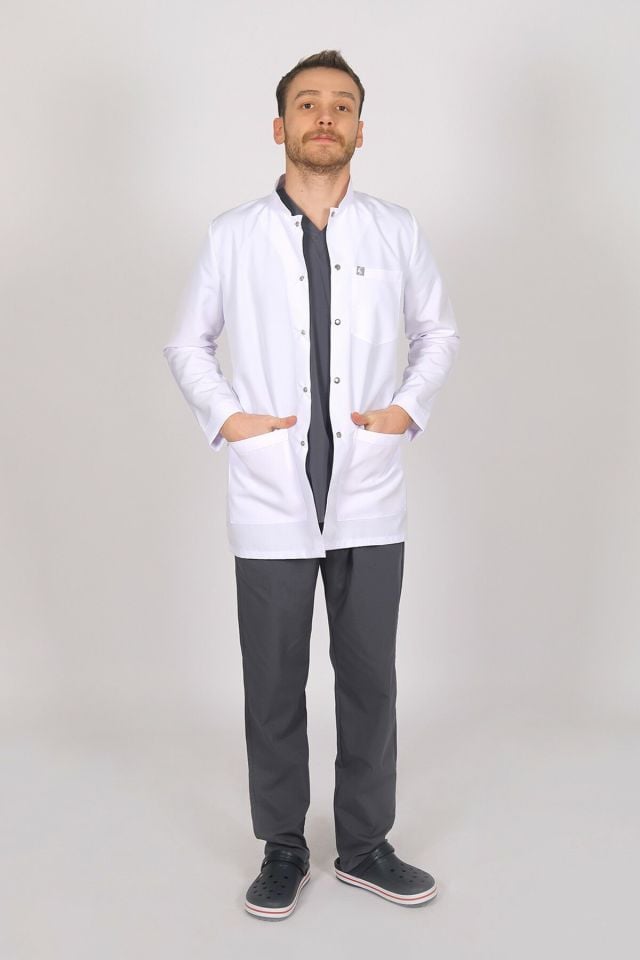 Beyaz Doktor Öğretmen Öğrenci Laboratuvar Önlüğü Uzun Kol Hakim Yaka Erkek S