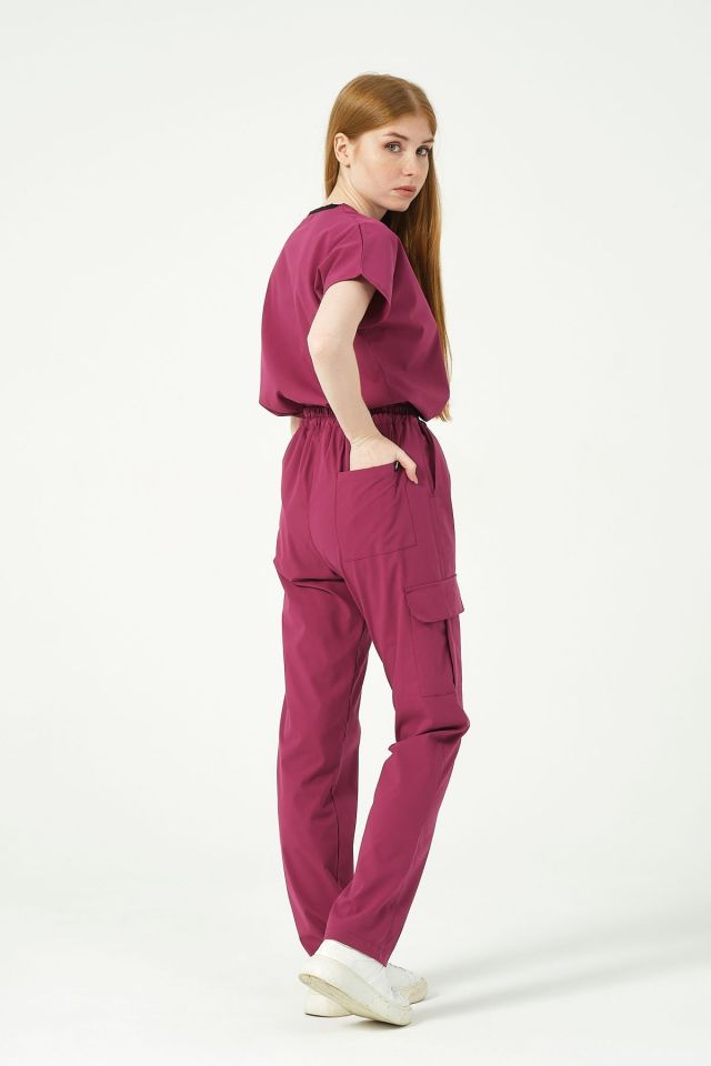 Vişne Likralı Scrubs Kargo Cep Doktor Hemşire Forması Yarasa Kol Takım Unisex