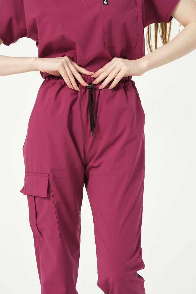 Vişne Likralı Scrubs Kargo Cep Doktor Hemşire Forması Yarasa Kol Takım Unisex