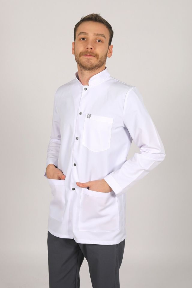 Beyaz Doktor Öğretmen Öğrenci Laboratuvar Önlüğü Uzun Kol Hakim Yaka Erkek XL