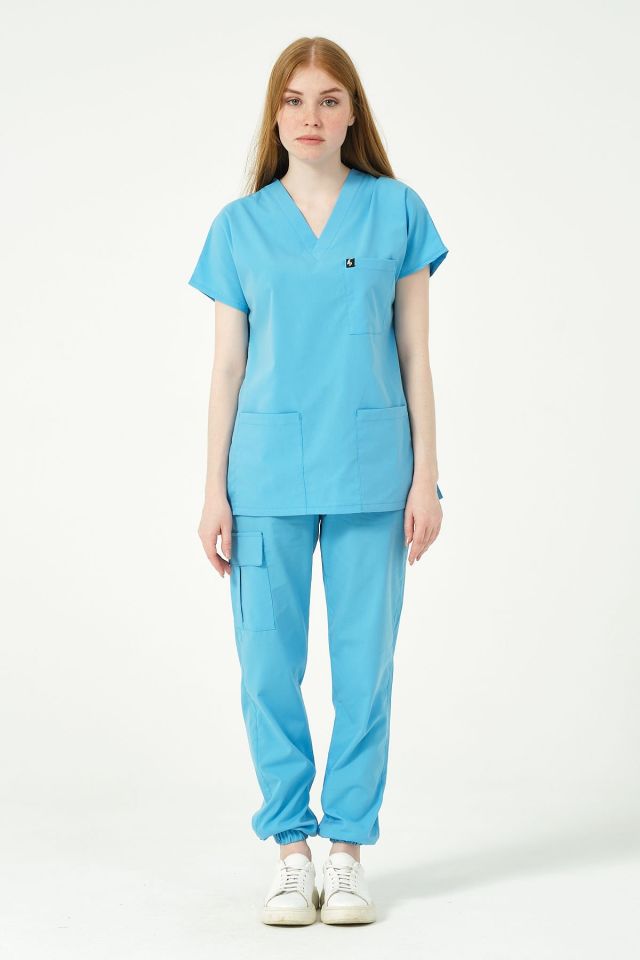Bebe Mavi Likralı Scrubs Kargo Cep Jogger Paça Doktor Hemşire Forması Yarasa Kol Takım Unisex
