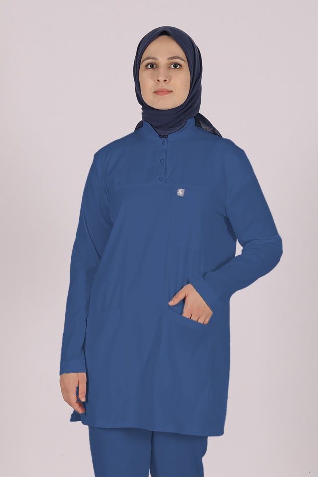 İndigo Likralı Tesettür Scrubs Doktor Hemşire Forması Tek Üst XS