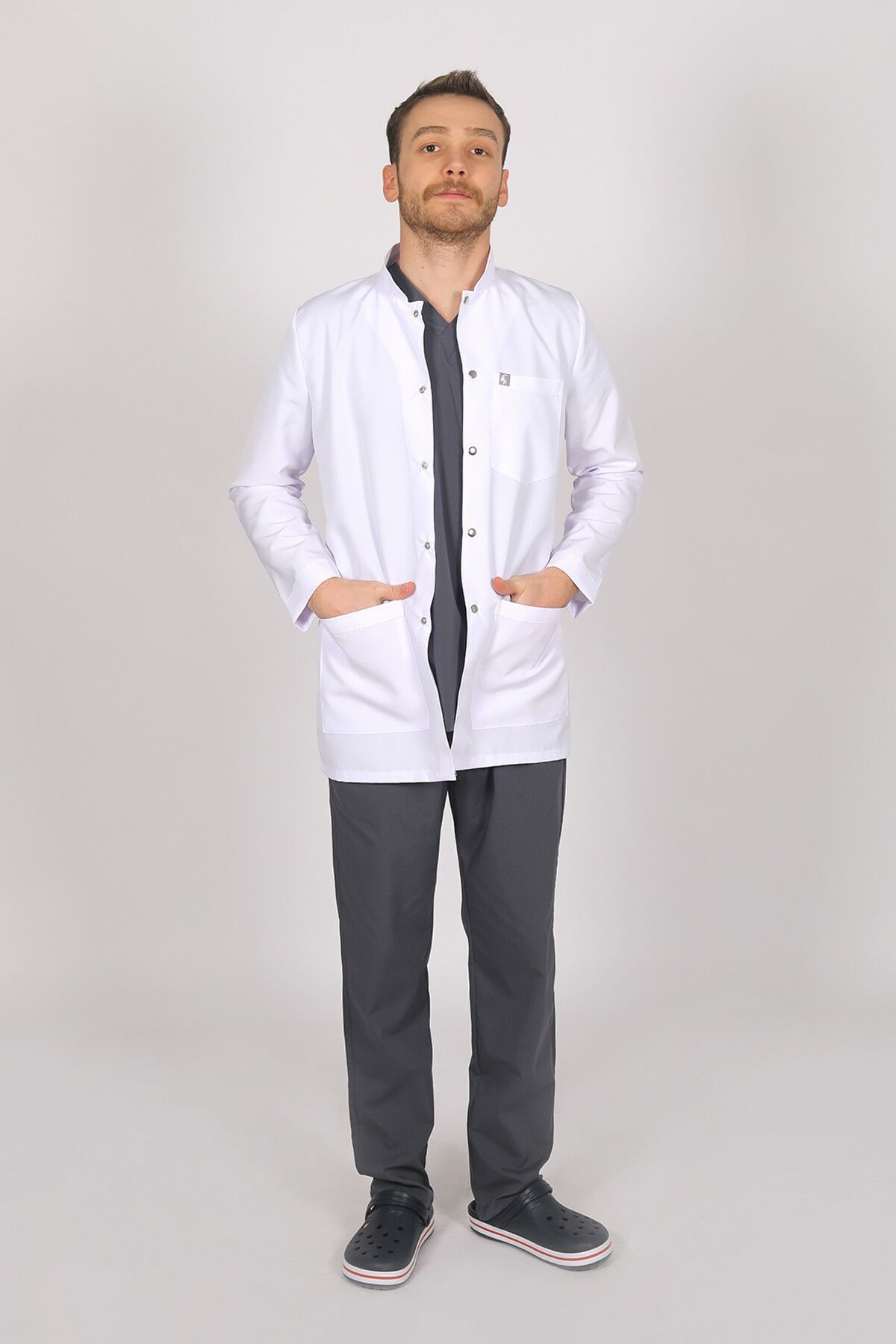 Beyaz Doktor Öğretmen Öğrenci Laboratuvar Önlüğü Uzun Kol Hakim Yaka Erkek XS