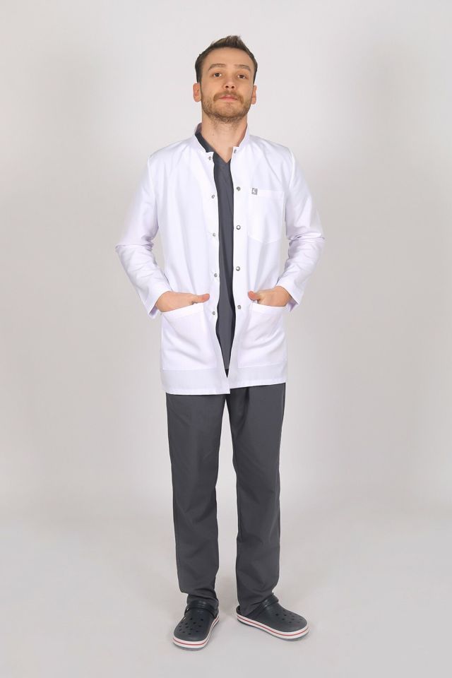Beyaz Doktor Öğretmen Öğrenci Laboratuvar Önlüğü Uzun Kol Hakim Yaka Erkek XXS