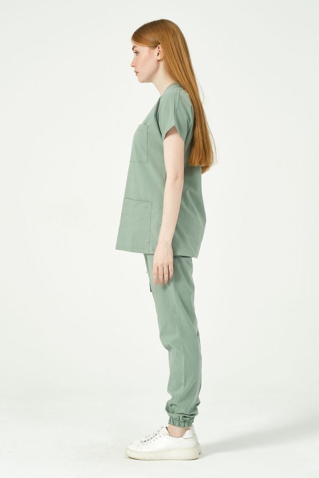 Çağla Yeşili Likralı Scrubs Kargo Cep Jogger Paça Doktor Hemşire Forması Yarasa Kol Takım Unisex S