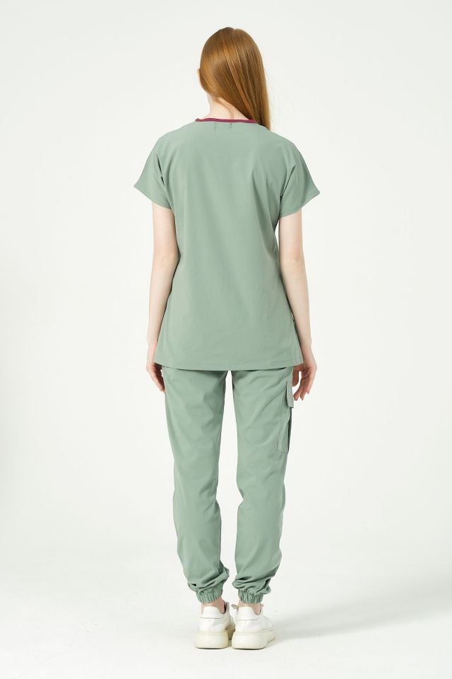 Çağla Yeşili Likralı Scrubs Kargo Cep Jogger Paça Doktor Hemşire Forması Yarasa Kol Takım Unisex S