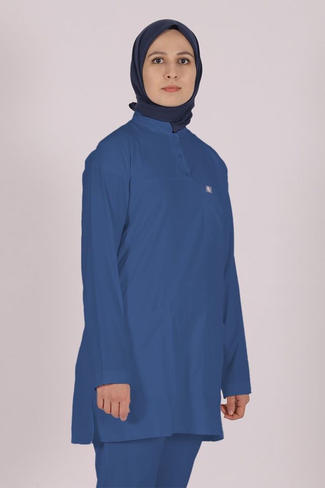 İndigo Likralı Tesettür Scrubs Doktor Hemşire Forması Tek Üst 2XL