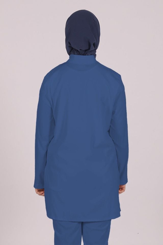 İndigo Likralı Tesettür Scrubs Doktor Hemşire Forması Tek Üst 2XL