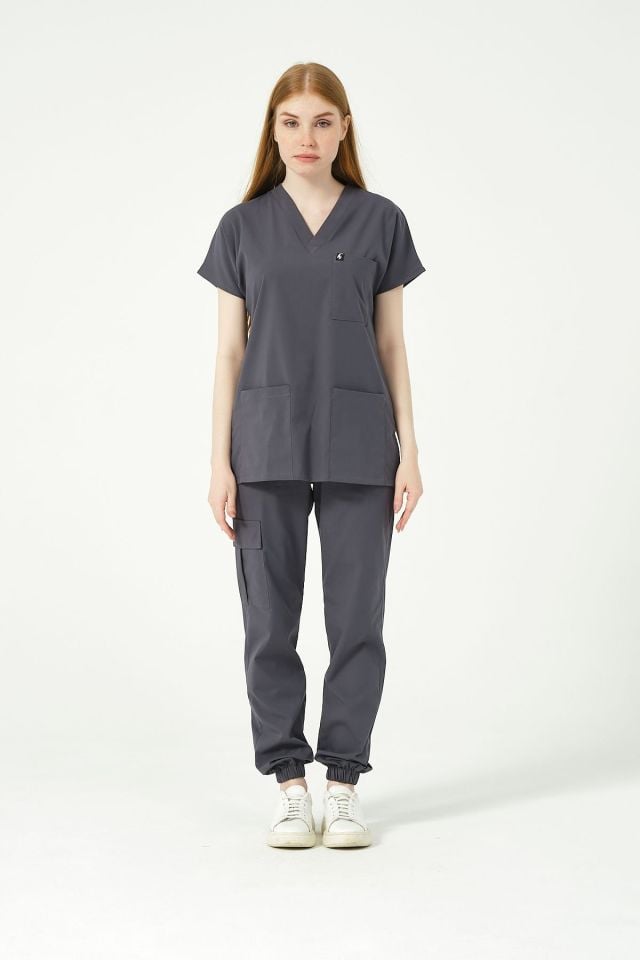 Füme Likralı Scrubs Kargo Cep Jogger Paça Doktor Hemşire Forması Yarasa Kol Takım Unisex S