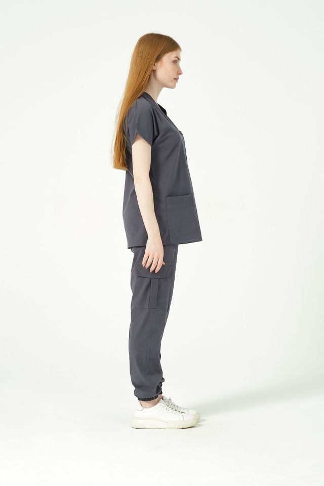 Füme Likralı Scrubs Kargo Cep Jogger Paça Doktor Hemşire Forması Yarasa Kol Takım Unisex S