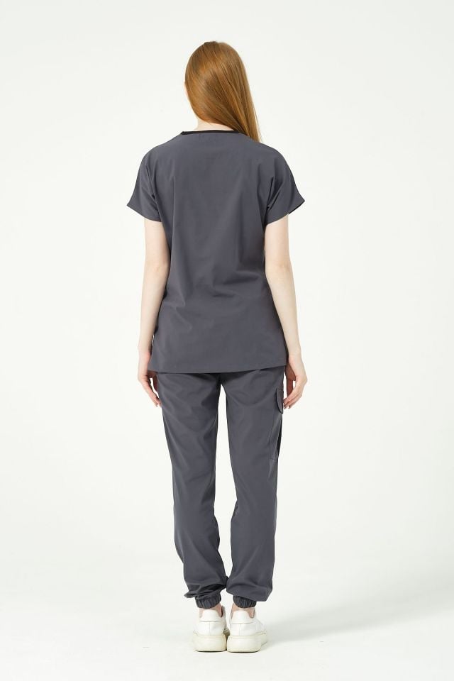 Füme Likralı Scrubs Kargo Cep Jogger Paça Doktor Hemşire Forması Yarasa Kol Takım Unisex S