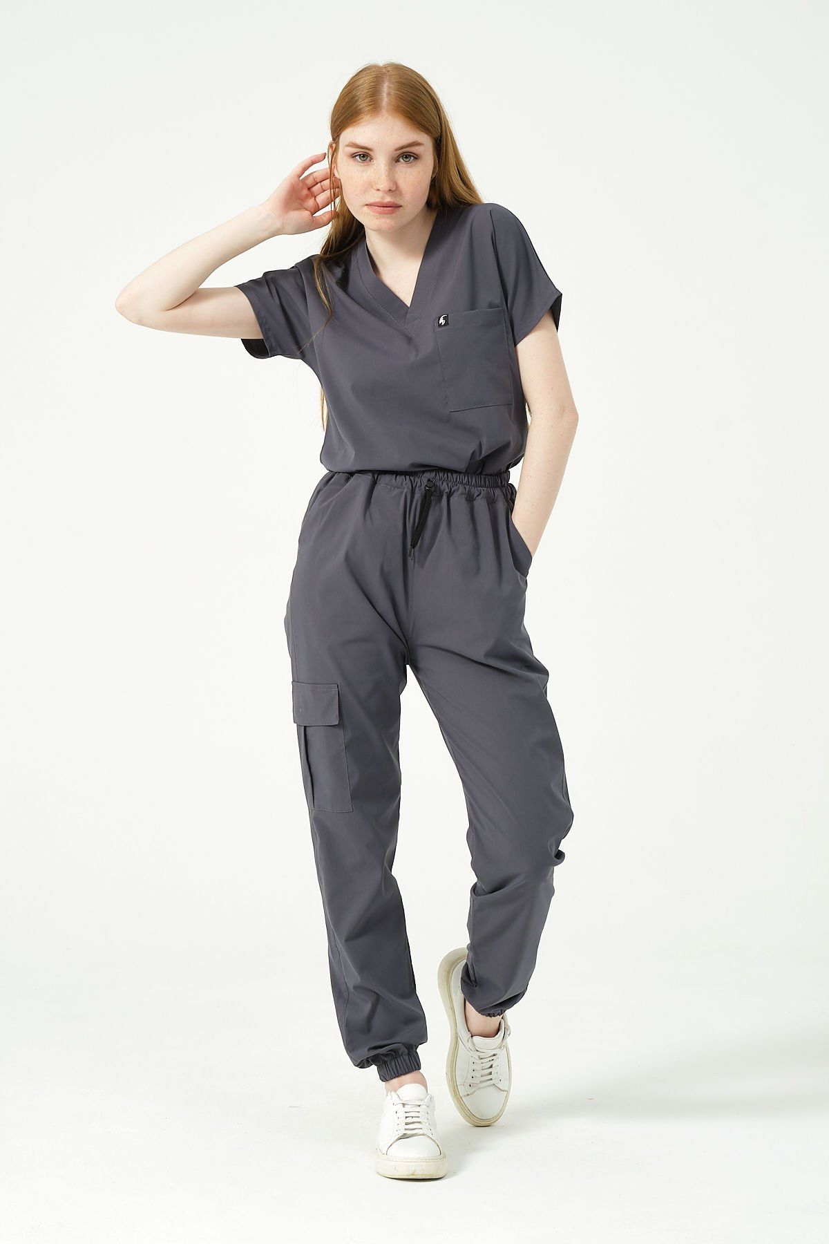 Füme Likralı Scrubs Kargo Cep Jogger Paça Doktor Hemşire Forması Yarasa Kol Takım Unisex S