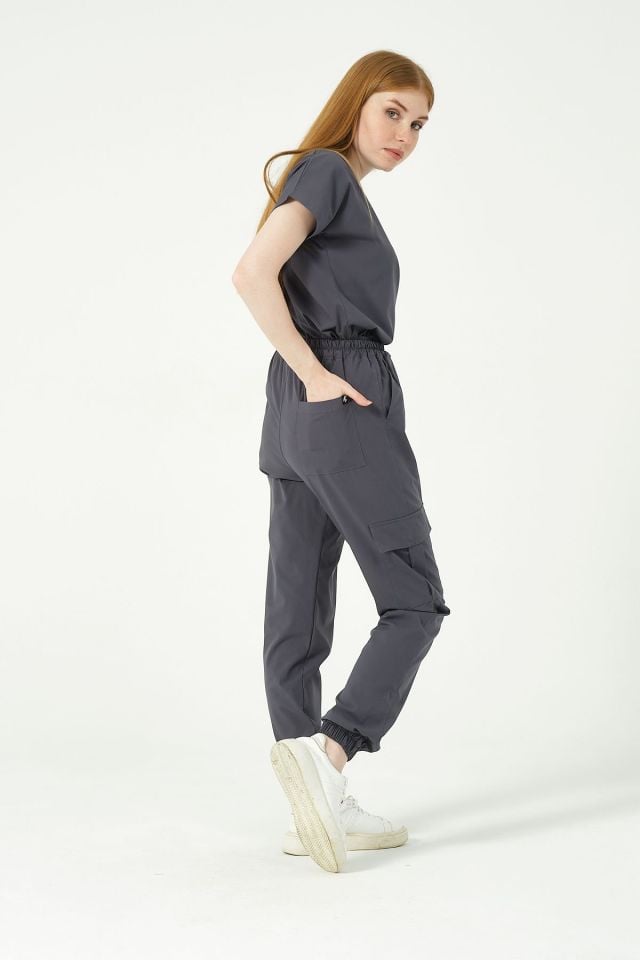 Füme Likralı Scrubs Kargo Cep Jogger Paça Doktor Hemşire Forması Yarasa Kol Takım Unisex S